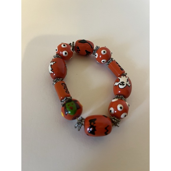 Handmade Halloween Lampwork Glass Bead Stretch Bracelet Ghosts Black Cats Boo - Picture 5 of 5